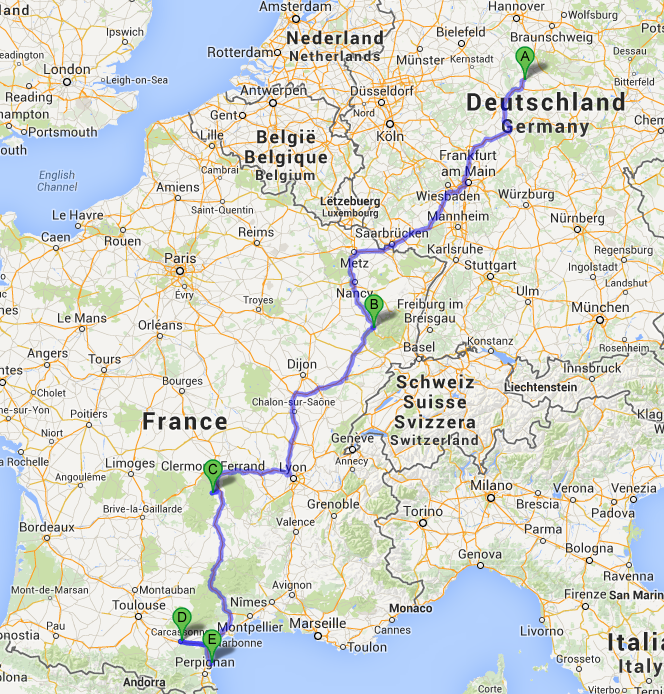 Route seit Beginn der Reise: Von Götham nach Remiremont in den Vogesen, von dort nach Saurier, dann über die Meridienne nach Süden, Carcassonne, dann Leucate.